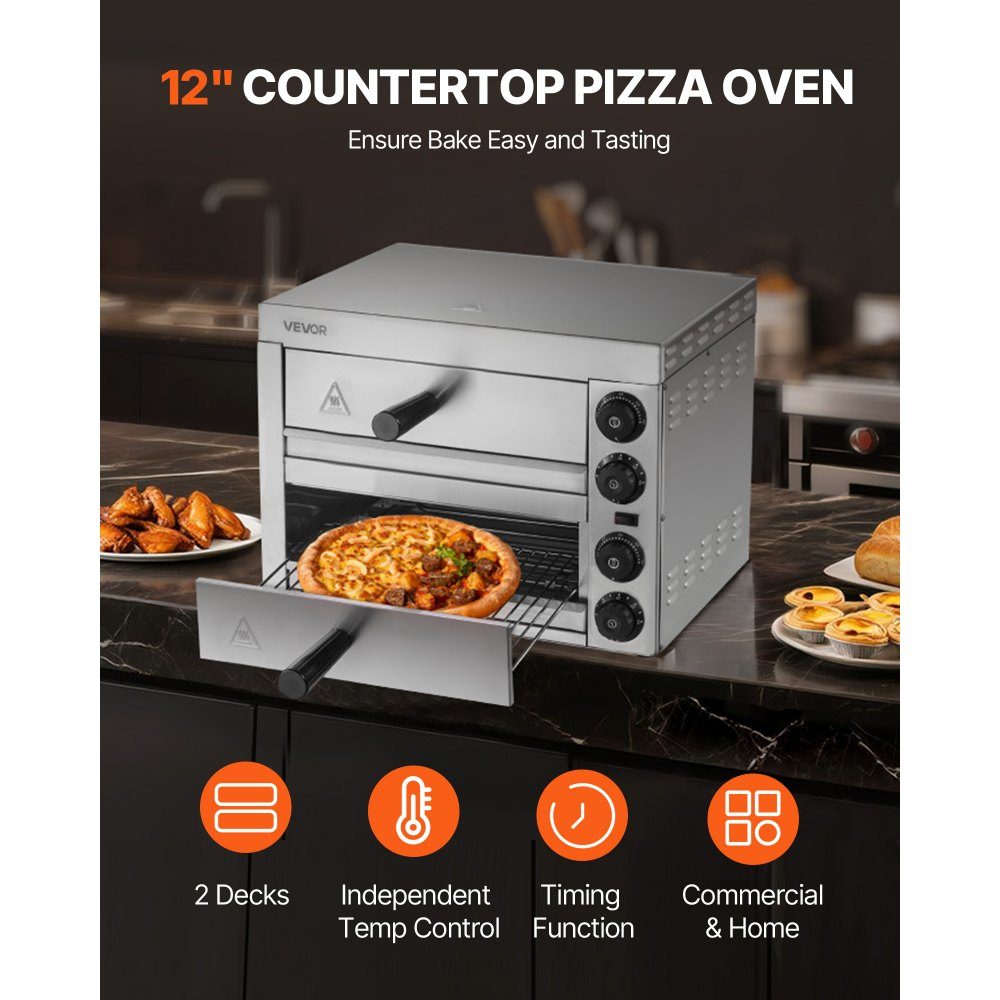 12" 1700W Electric Pizza Oven with temperature control and 0-60 minute timer, even baking technology and easy to clean crumb tray, ideal for commercial and residential kitchens