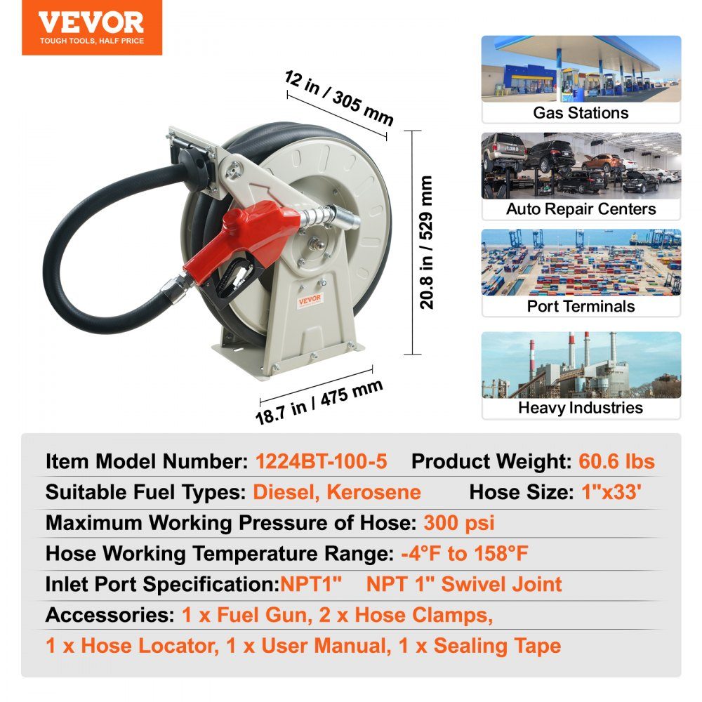 Fuel Hose Reel, Retractable Diesel Hose Reel, 25.4mm x 10m, Automatic Refueling Nozzle