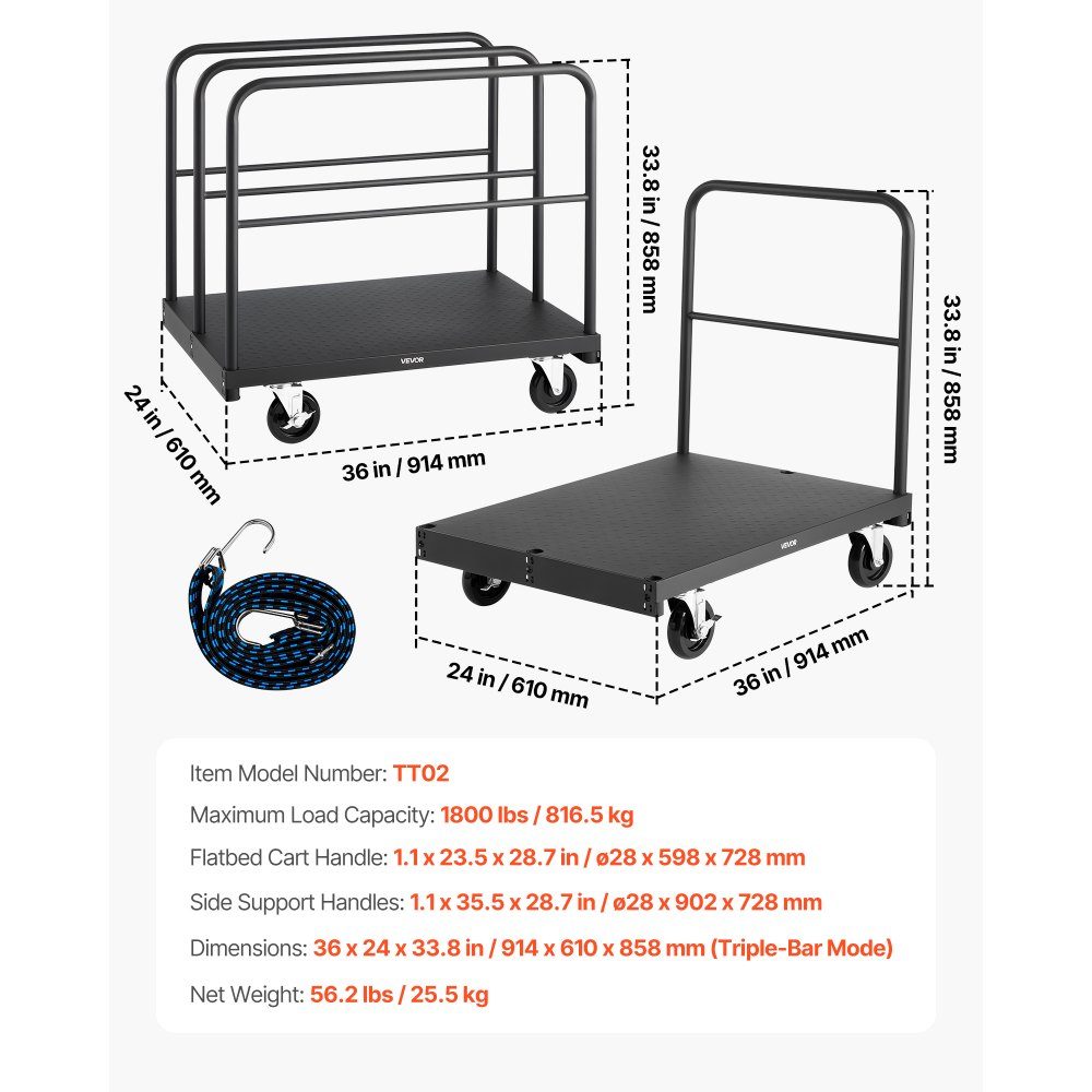 Plate trolley, 816 kg, 2-in-1 transport trolley with 360° swivel castors, plate trolley, plate trolley with 4 side handrails, transport aid for factory, warehouse, garage, black 914x610x858 mm