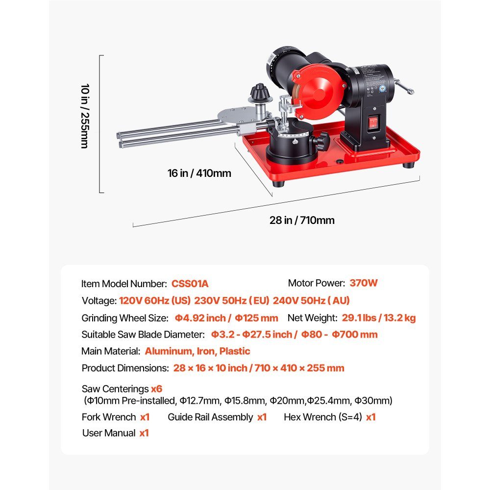 Affûteur de lame de scie 370 W, meuleuse de lame de scie circulaire 2890 tr/min avec meule de 125 mm, machine d'affûtage électrique avec angle de réglage pour lames de scie de 80 à 700 mm, affûteuse de lame de scie pour le travail du bois – Réf. HT-23548