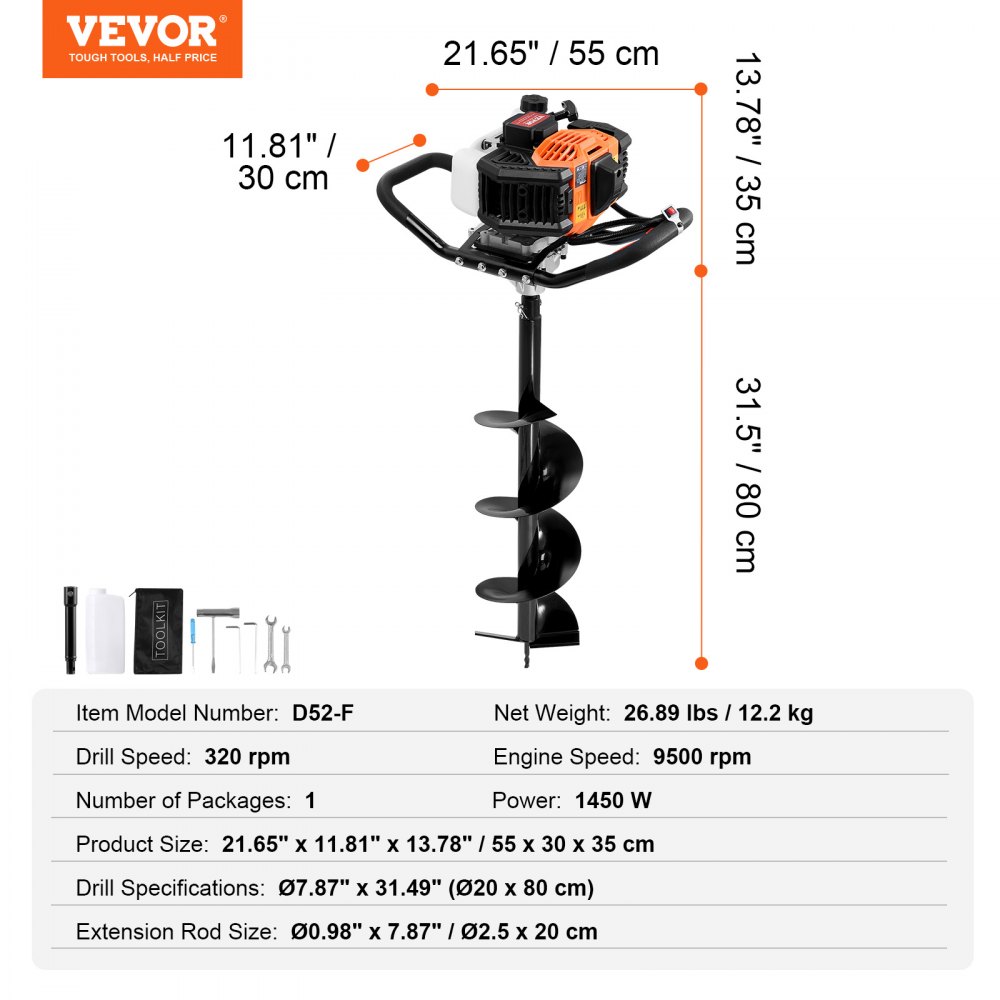 Erdbohrer mit Benzinmotor, 52 CC, 1450 W, Benzinbohrer mit 8-Zoll-Bits und 1 Verlängerungsstange, Pfostenzaunlochbohrer für Ackerland-Gartenpflanzen, Orange + Schwarz