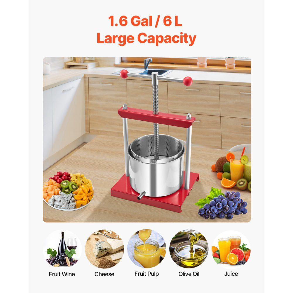 Fruit Wine Press, Fruit Grinder, Apple Grinder (6L) with 2 Stainless Steel Barrels, Manual Juicer, Cider Press, Apple Press, Grape Press, Olive Oil Press, T-Handle Juicer for Home Kitchen