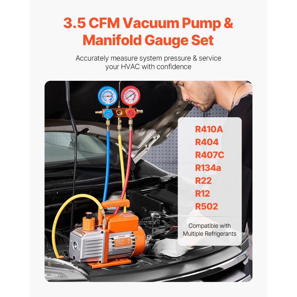 3,5 CFM AC-vacuümpomp en meterset, eentraps roterende schoepen HVAC-luchtvacuümpomp, A / C-koelmiddelspruitstukmeterset voor R134a, R12, R22, R502a, R410A, R404, R407C-koelmiddel