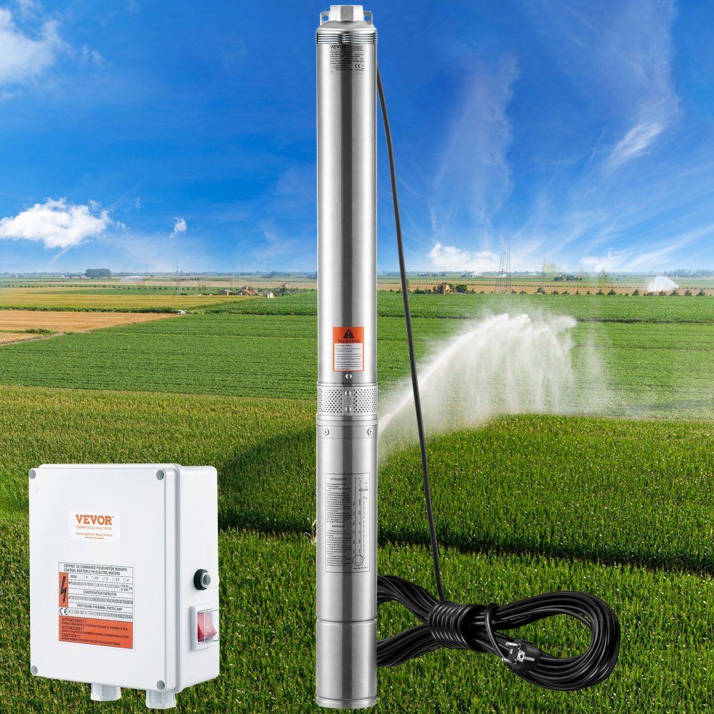 Diepe putdompelpomp, 2200 W, 230 V, 9,8 m3/u stroom, 144 m opvoerhoogte, met 19,4 m kabel en externe schakelkast, roestvrijstalen waterpompen voor industriële irrigatie en thuisgebruik, IP68 waterdicht