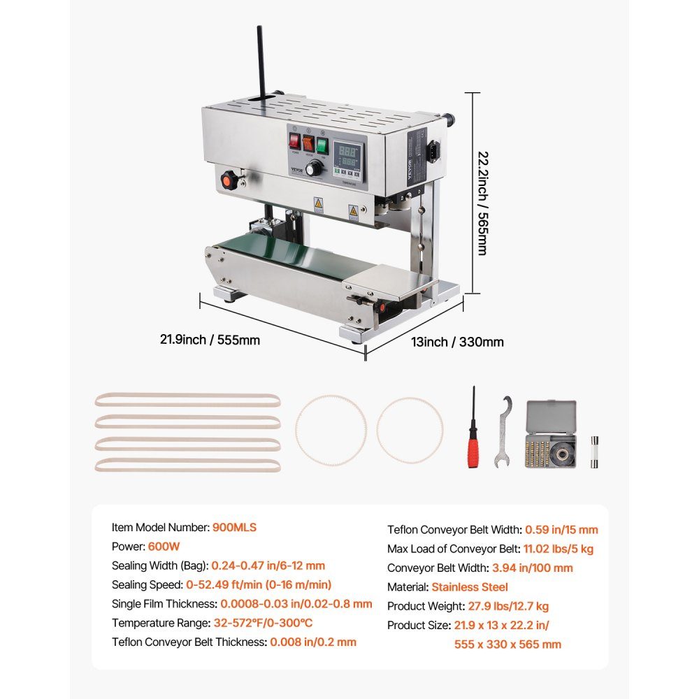 Kontinuierliche Beutelbandschweißmaschine, 0,24–0,47 Zoll/6–12 mm Schweißbreite, vertikale Bandschweißmaschine mit digitaler Temperaturregelung, Beutelschweißgerät aus Edelstahl für 0,02–0,8 mm dicke Kunststoffbeutelfolien