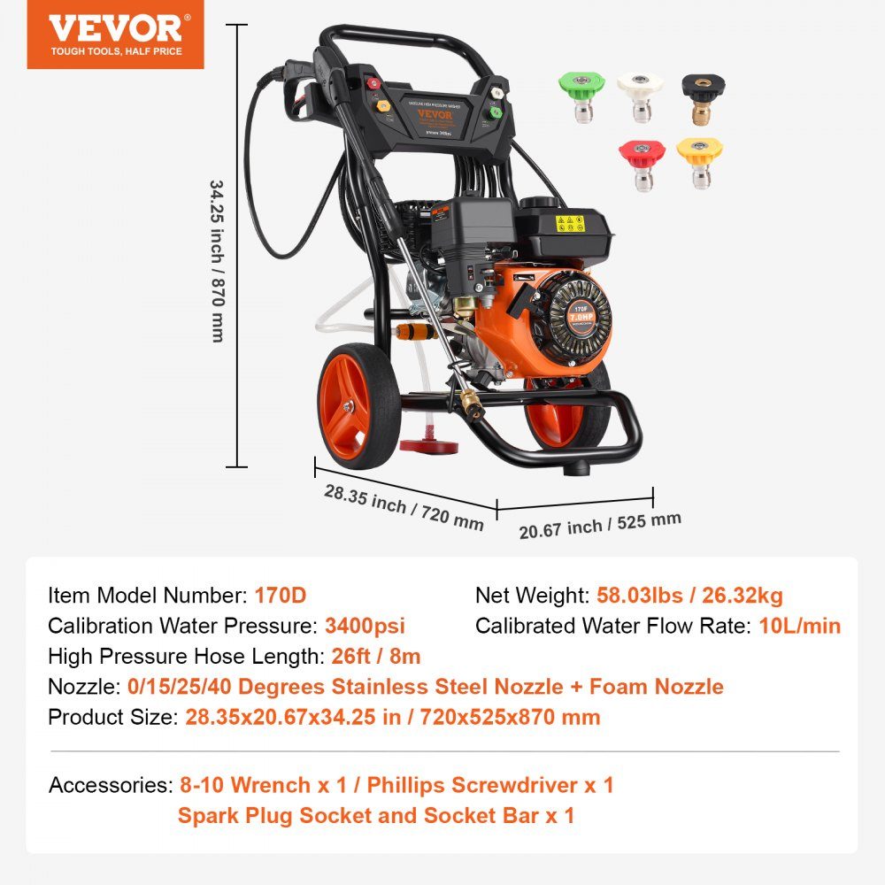 Benzin-Hochdruckreiniger 3400 PSI 2,6 GPM Terrassenreiniger 10 l/min mit Aluminiumpumpe, Druckpistole und Verlängerungsstab, 5-Düsen-Set, für Autos, Zäune, Häuser, Terrassen, vertikal