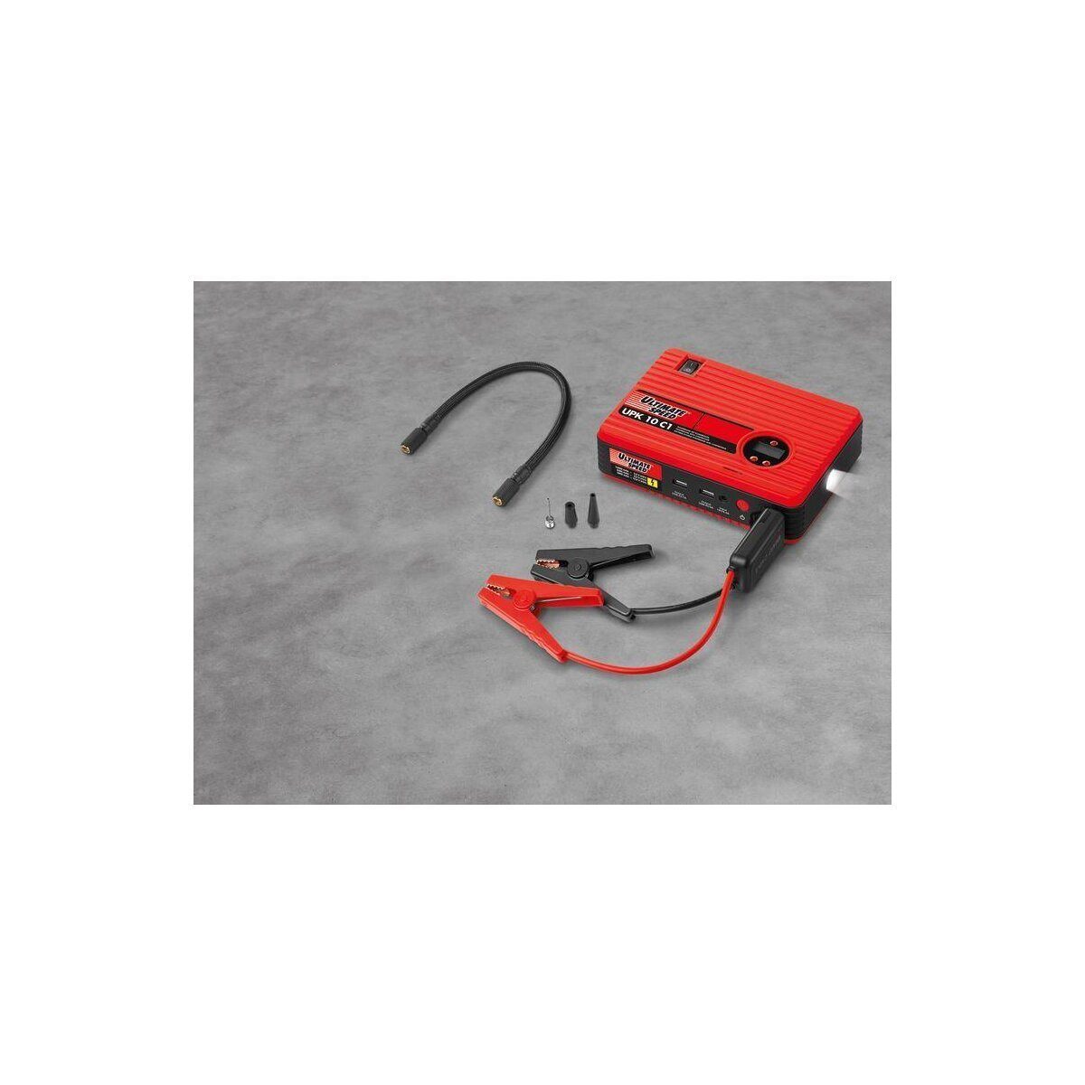 Power bank car jump starter with compressor air attachments and flashlight SOS kit