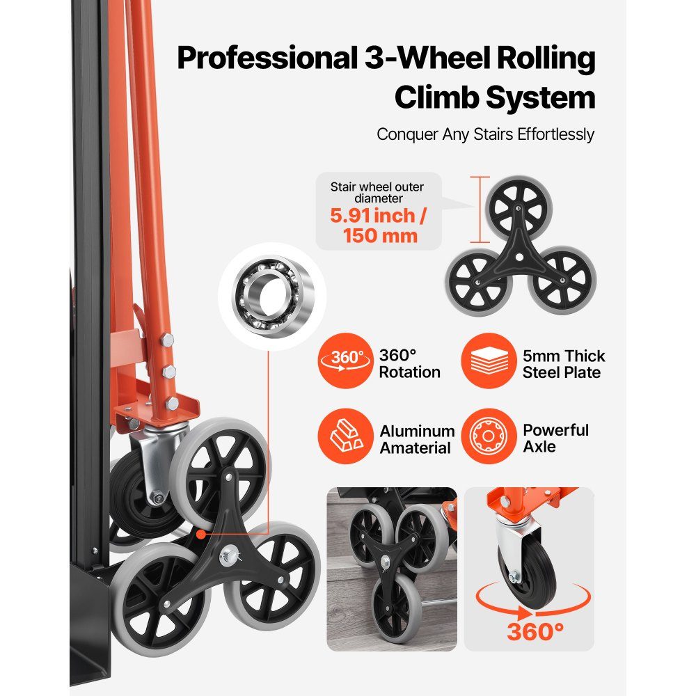 3-in-1 stair truck, sack truck max. load capacity 350 kg, folding transport trolley with handle & wheels, stair climber transport trolley, stacking trolley, stair climber trolley, orange & silver