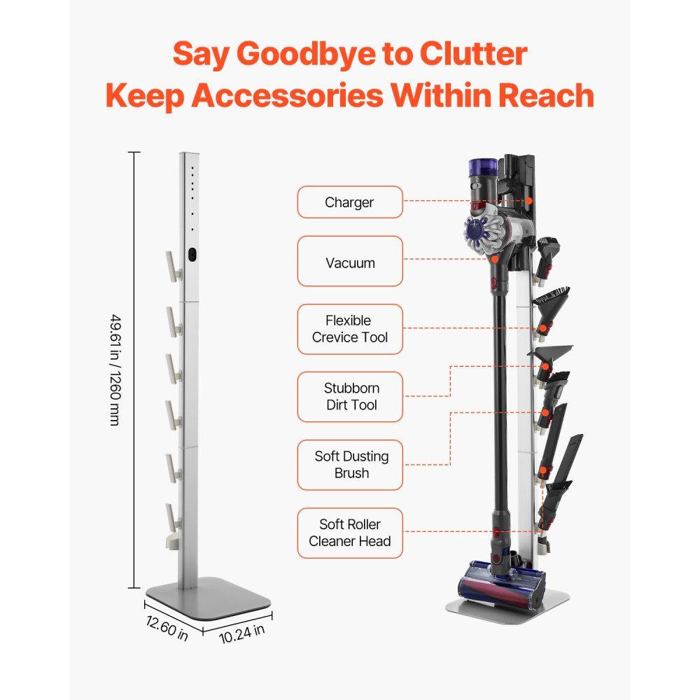 Support d'aspirateur 126 cm compatible avec les aspirateurs verticaux et accessoires Dyson G5 V15 V12 V11 V10 V8 V7 V6 Series Support de sol avec 6 crochets et patins antidérapants Argenté