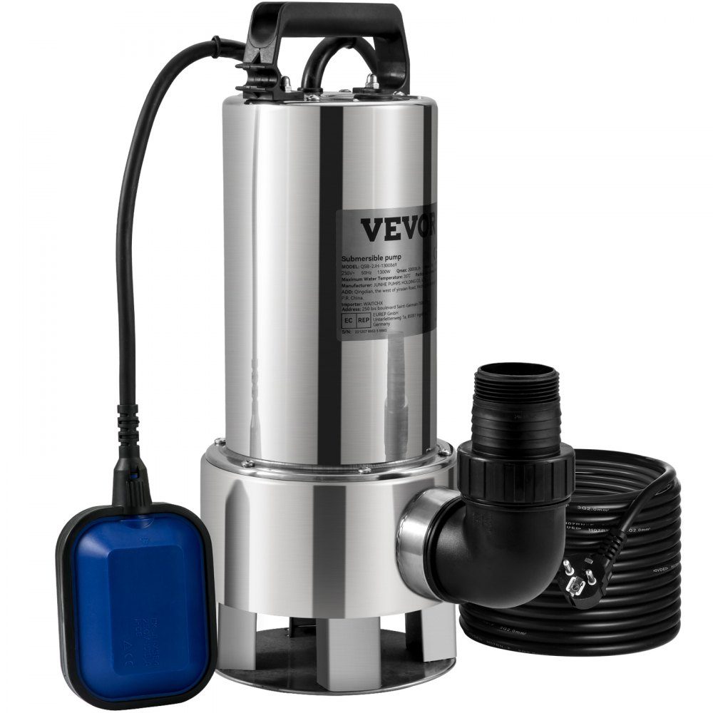 Pompe à eau submersible, 1300 W, 20000 l/h, avec câble de 10 m et interrupteur à flotteur automatique, en acier inoxydable et en fonte pour bassins de jardin, piscines, bains à remous sales ou propres et vides – Réf. HT-24527