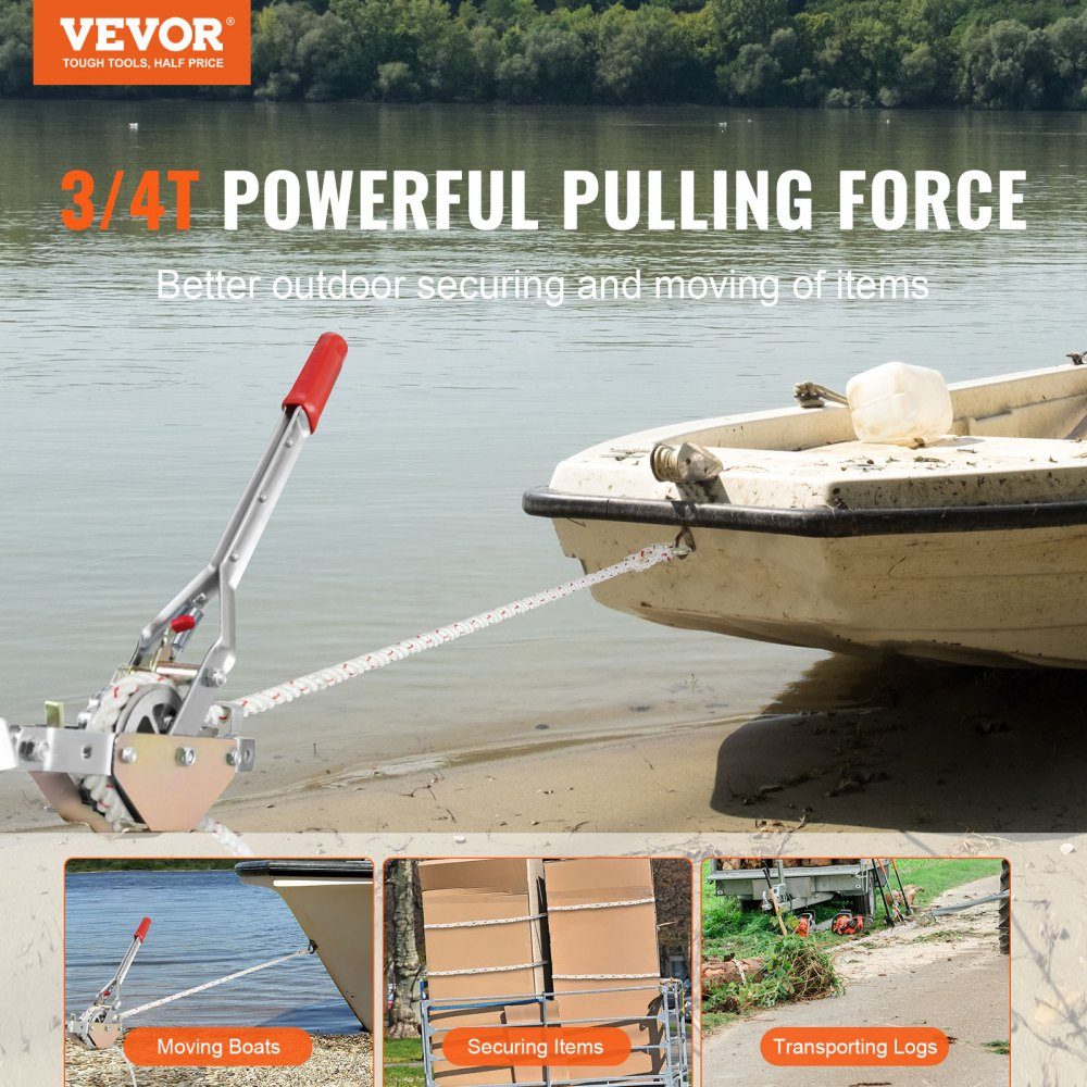 Rope Puller, 3/4 Ton Pulling Force, with 100 Feet of 5/8" Diameter Rope, 2 Hooks, Winch Included, Powerful Ratchet Pulling Tool for Moving Boats, Safe
