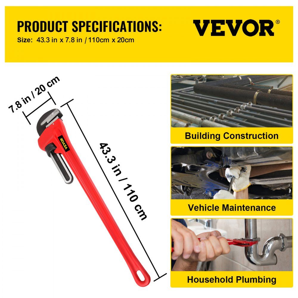Pipe Wrench Crimping Tool Pressing Wrench 110cm Steel Pipe Wrench Adjustable Plumbing Tool for Sink Faucet Toilet Bathroom Kitchen Drain Repair Installation