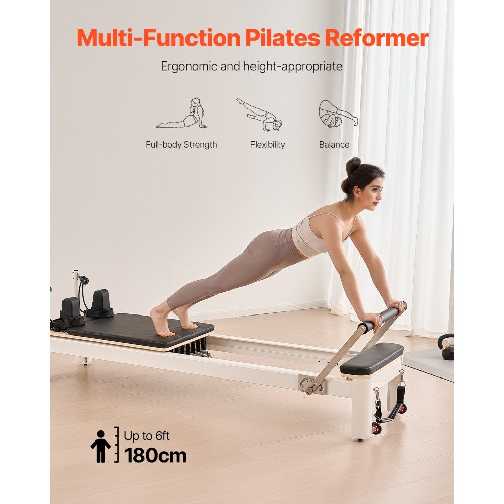 Pilates Reformer-Maschine, Pilates-Bett aus Aluminium mit Sitzbox und doppeltem Widerstand – Feder und Kordel, für Fortgeschrittene und Anfänger, Heimfitnessgeräte bis zu 400 Pfund