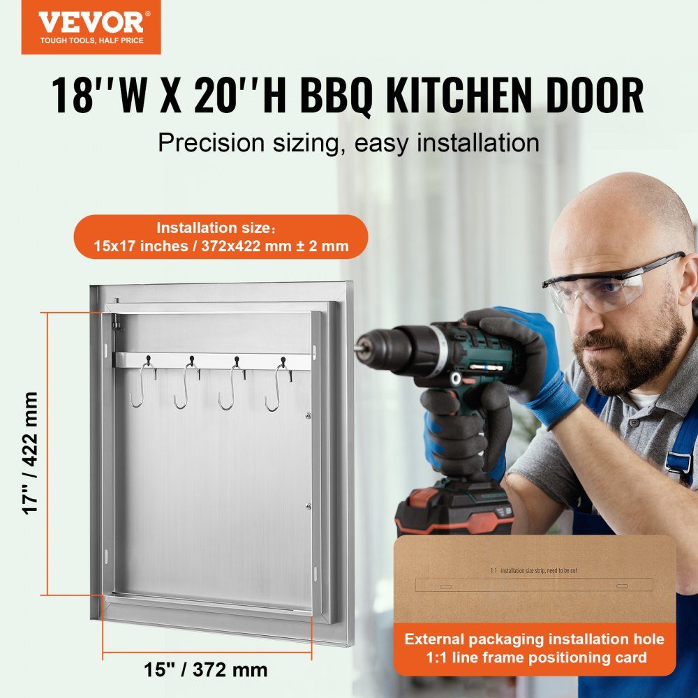 Grill-Zugangstür, 457 x 508 mm, einzelne Außenküchentür, bündig montierte Edelstahltür, vertikale Wandtür mit Griff und Haken, für Grillinsel, Grillstation, Außenschrank