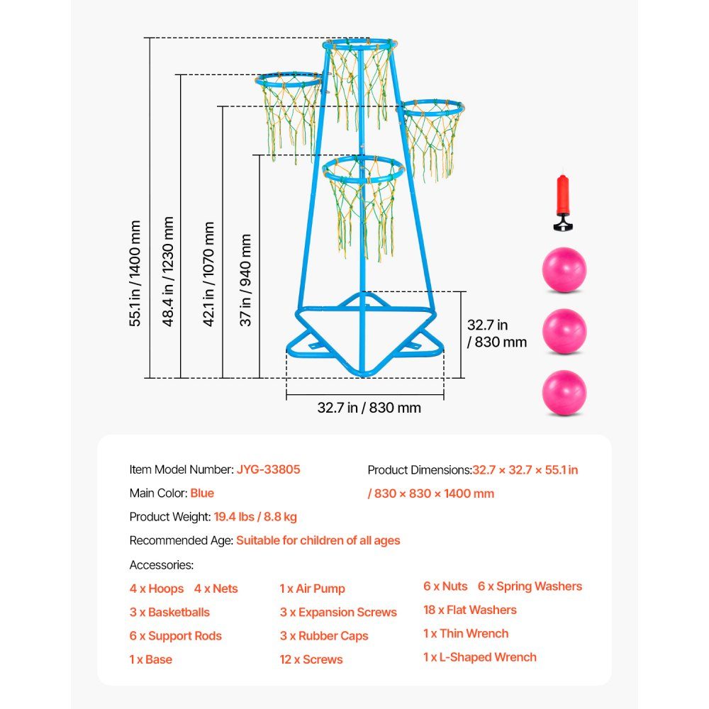 Basketballkorb für Kinder, 4 Korb-Basketballkörbe für Kinder, tragbarer Basketballständer mit verstellbarer Höhe und 3 Bällen, Basketball-Spielzeugset für Kinder jeden Alters, Jungen und Mädchen