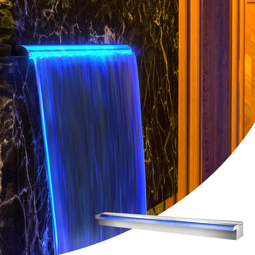 Swimming Pool Waterfall Overflow Trough 151 x 11.5 x 8cm Pool Fountain with Colorful LED Strip, Hose Connector, Remote Control, Corrosion Resistant for Pond, Outdoor Garden