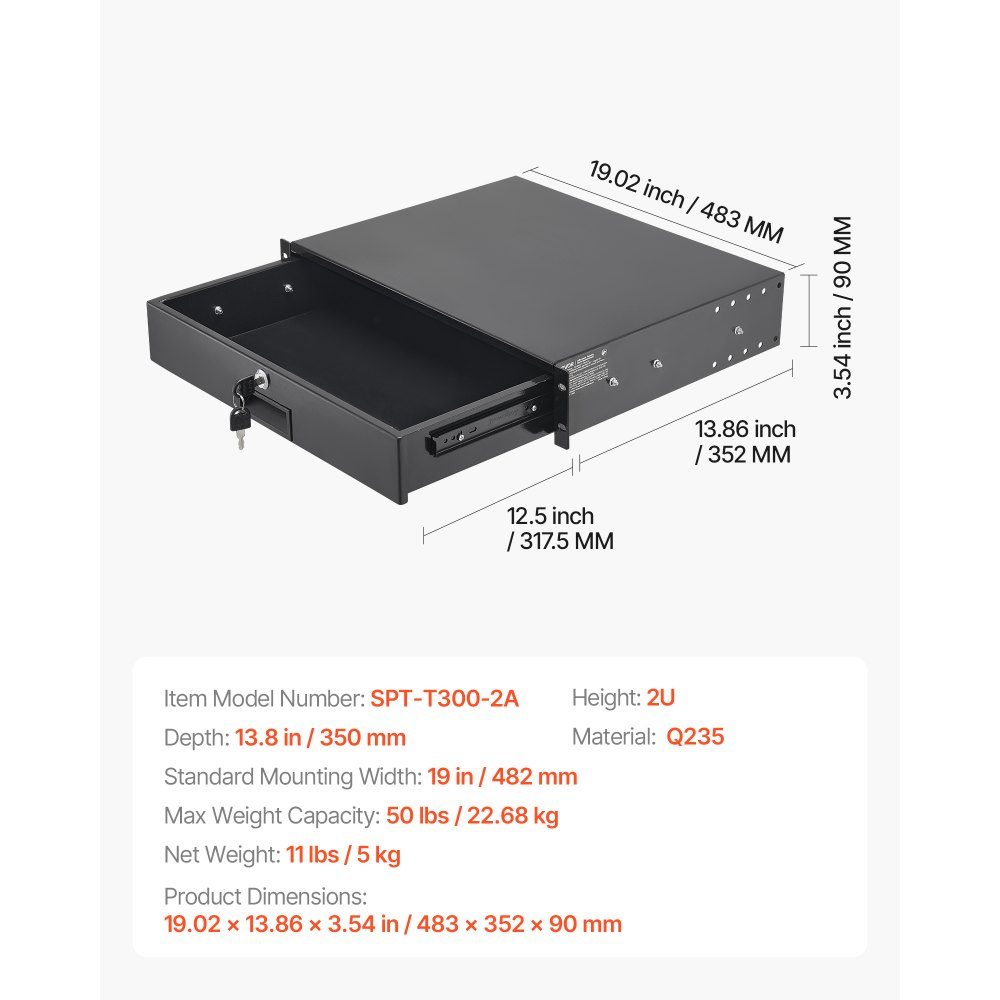 2U-Rack-Schublade, 50 Pfund, abschließbares Serverschrankgehäuse, Schiebeschublade mit Schloss und Kabelführungslöchern für 482 mm Netzwerkgeräte, Server, AV-Rack oder Schrankgehäuse