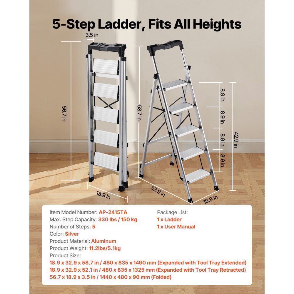 Step Ladder 5 Steps, Folding Ladder with Anti-Slip Steps & Comfortable Handle, Household Ladder Load Capacity 150kg, Aluminum Safety Ladder for Kitchen, Warehouse, Home & Office, Silver
