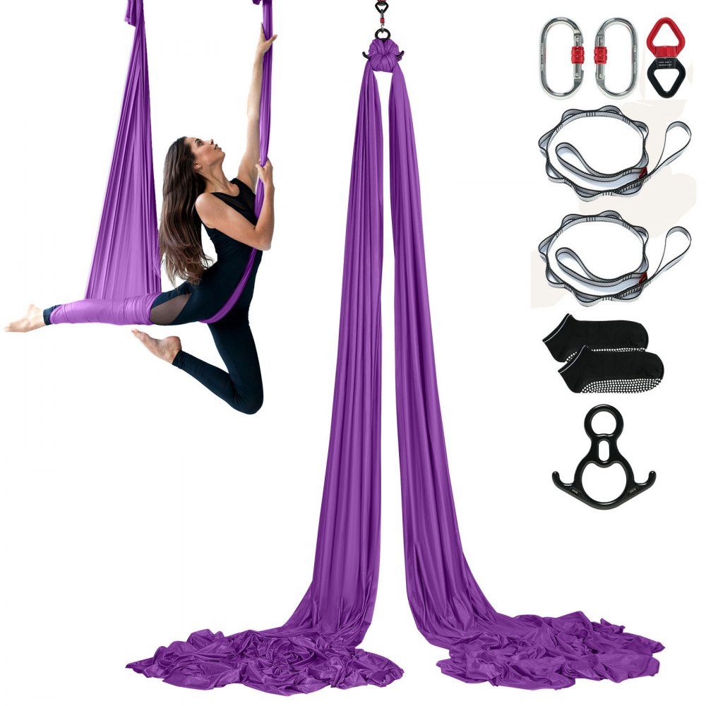 Aerial Yoga Hammock Set 8 x 2.8 m, Purple Aerial Yoga Swing Air Flies, Indoor Aerial Yoga Hammock Swing 1000 kg Max. Load Capacity, Includes Yoga Socks, Steel Carabiner and Aluminum Swivel