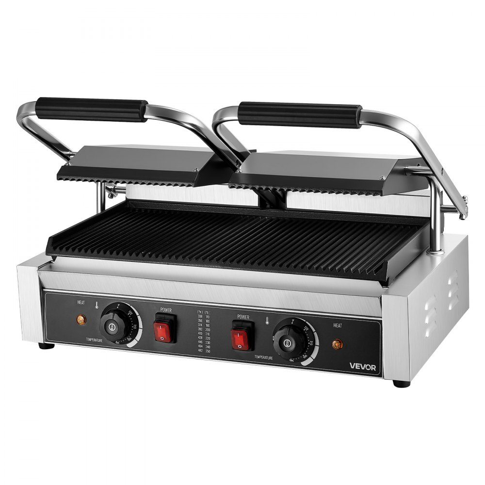 Commercial Contact Grill 3600W Electric Grill Sandwich Maker (Double Baking Plates) Stainless Steel Panini Press with Temperature Control, 48x23cm Grooved Enamel Plate for Hamburger Steak Bacon