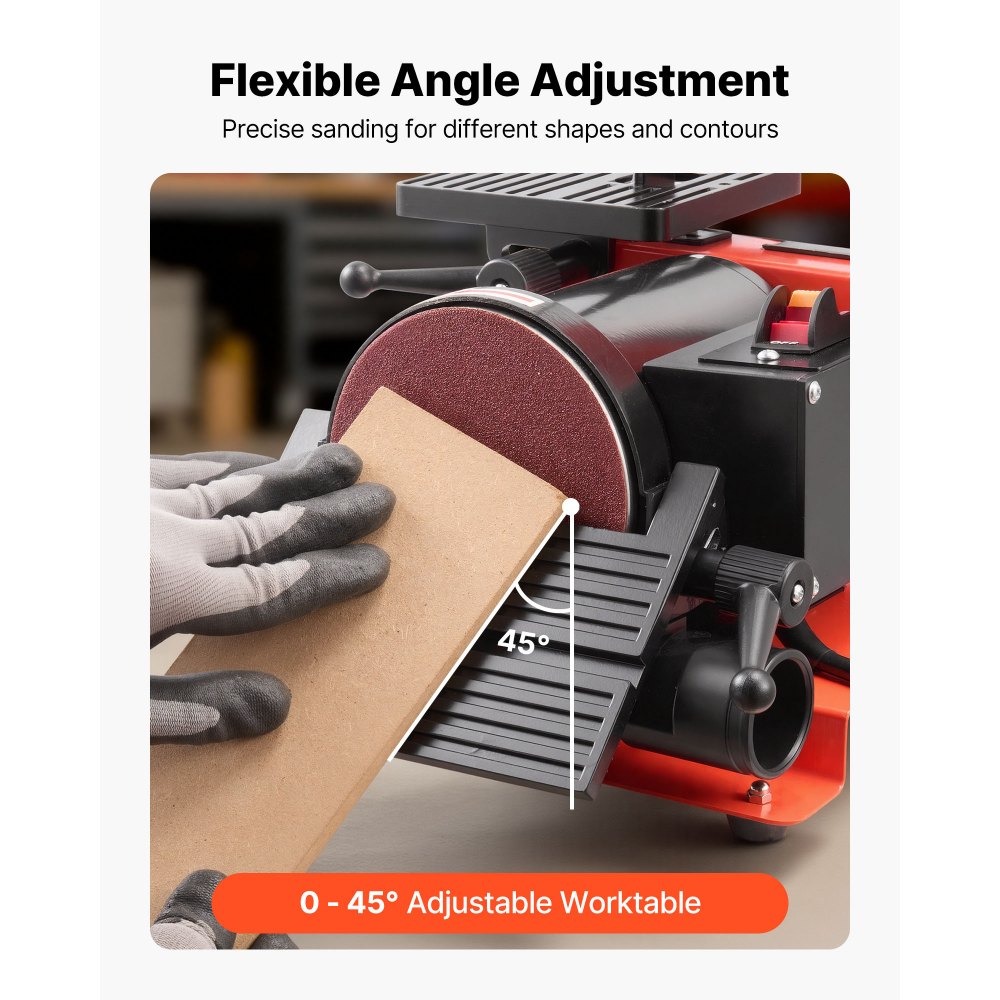 Ponceuse à disque à bande 250 W, ponceuse à disque 127 mm et ponceuse à bande 25,4 x 762 mm, avec table de travail réglable de 0 à 45° et ouverture d'aspiration de poussière pour le travail du bois et l'affûtage des couteaux