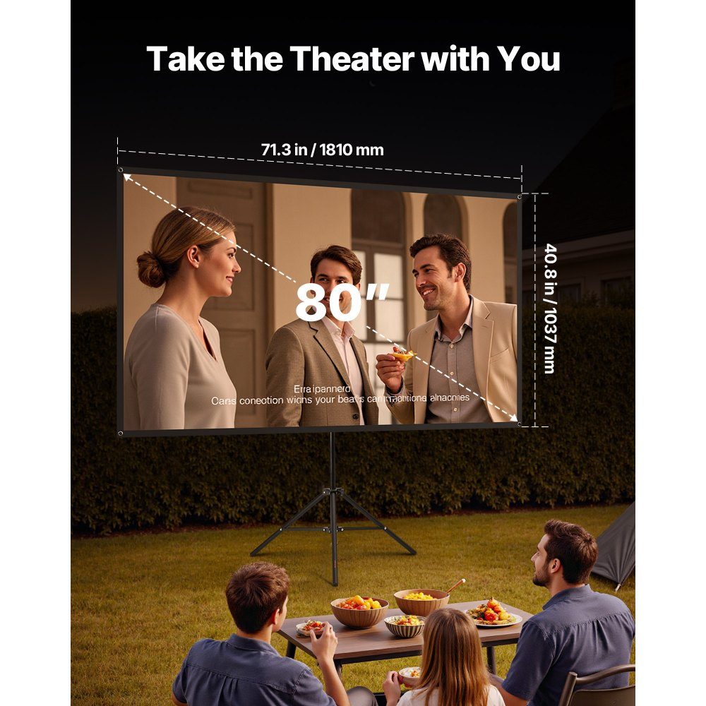 Projection screen tripod screen (80 inch) with 160° wide angle, projector screen for indoor and outdoor projector 16:9 4K HD, portable film screen with carrying bag for home cinema presentation