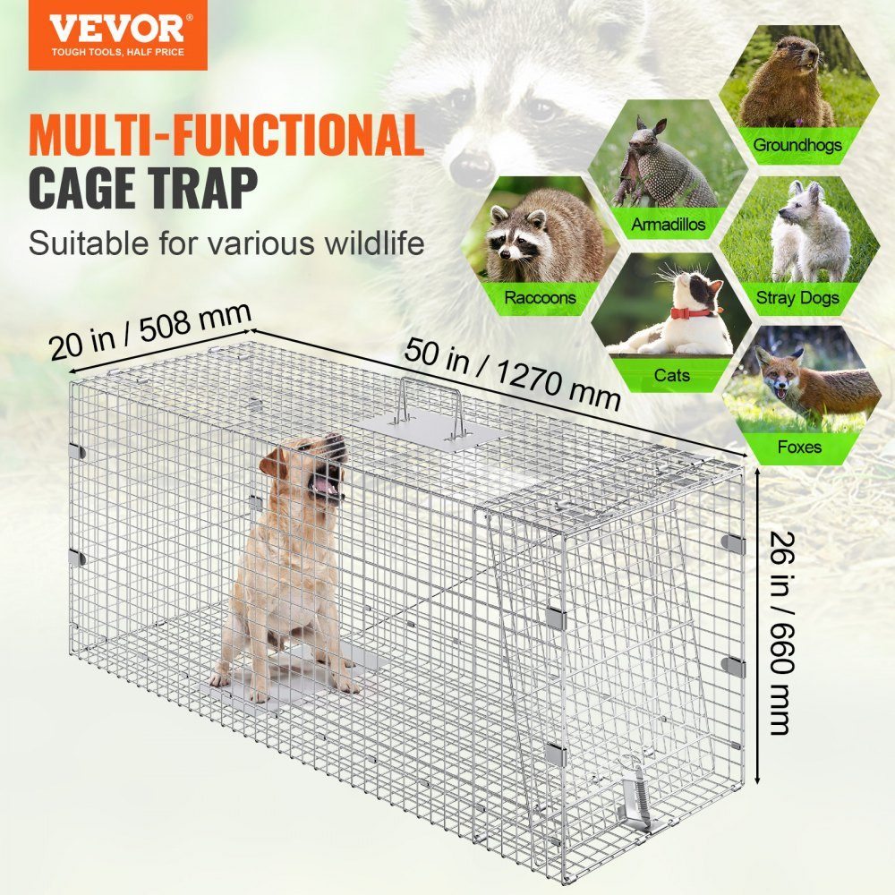 Live Animal Cage Trap 50" x 20" x 26" Humane Galvanized Iron Cat Trap Foldable Animal Trap with Handle for Stray Dogs, Armadillos, Raccoons, Marmots, Foxes