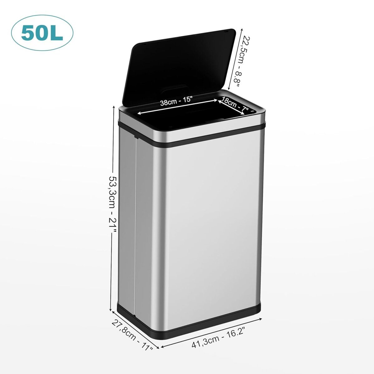 Ribelli sensorafvalbak, gemaakt van roestvrij staal, 50 L, zilver