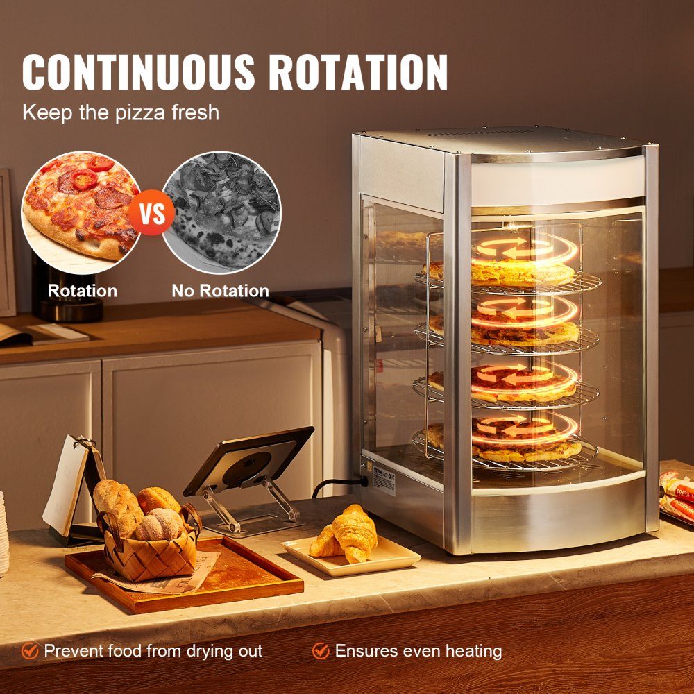 Commerciële Voedselverwarmer voor 14" Pizza, 4-laags Pizzaverwarmer met Roterende Stoomverwarmer, 30℃~85℃ Temperatuurregeling en Temperatuurweergave, 25W Ovenlicht + Top-LED voor Pizzeria, Restaurant