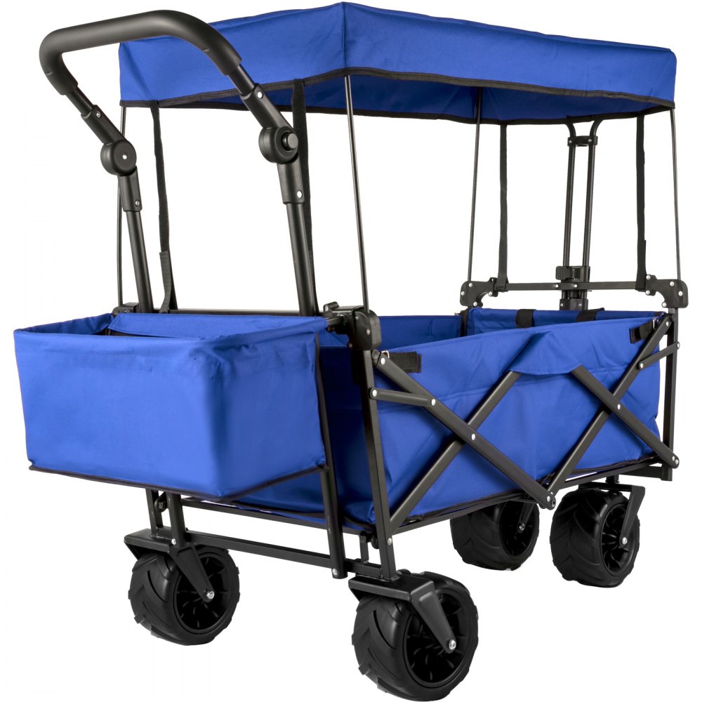 Chariot à bras pliable 92,7 x 54,3 x 98,5 cm, chariot à bras pliable 100 kg, pneus pneumatiques de toit de chariot à bras bleus en polyester Oxford 600D, chariot à bras pliable avec 2 sangles Velcro, pour les activités de plein air