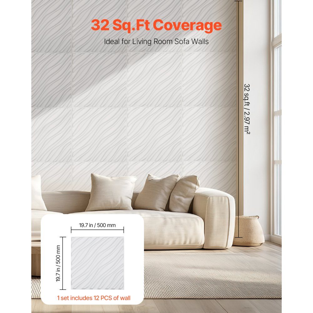 Lot de 12 panneaux muraux 3D en PVC 50 x 50 cm - Panneaux muraux minimalistes modernes - 2,97 m² - Design d'intérieur pour chambre à coucher, salon, salle de jeux - Blanc mat