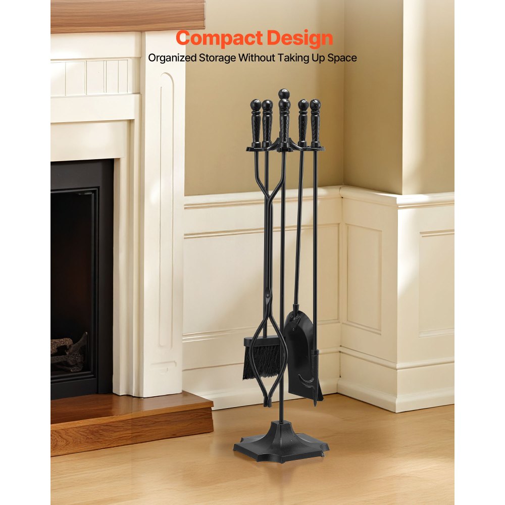 Couverts de cheminée, 5 pièces. Ensemble de couverts de four, support à cinq branches, pinces, pelle à cendres, brosse, tisonnier, accessoires de cheminée en fer forgé pour feu de camp intérieur/extérieur, noir Couverts de cheminée, 5 pièces. Ensemble de couverts de four, support à cinq branches, pinces, pelle à cendres, brosse, tisonnier, accessoires de cheminée en fer forgé pour feu de camp intérieur/extérieur, noir