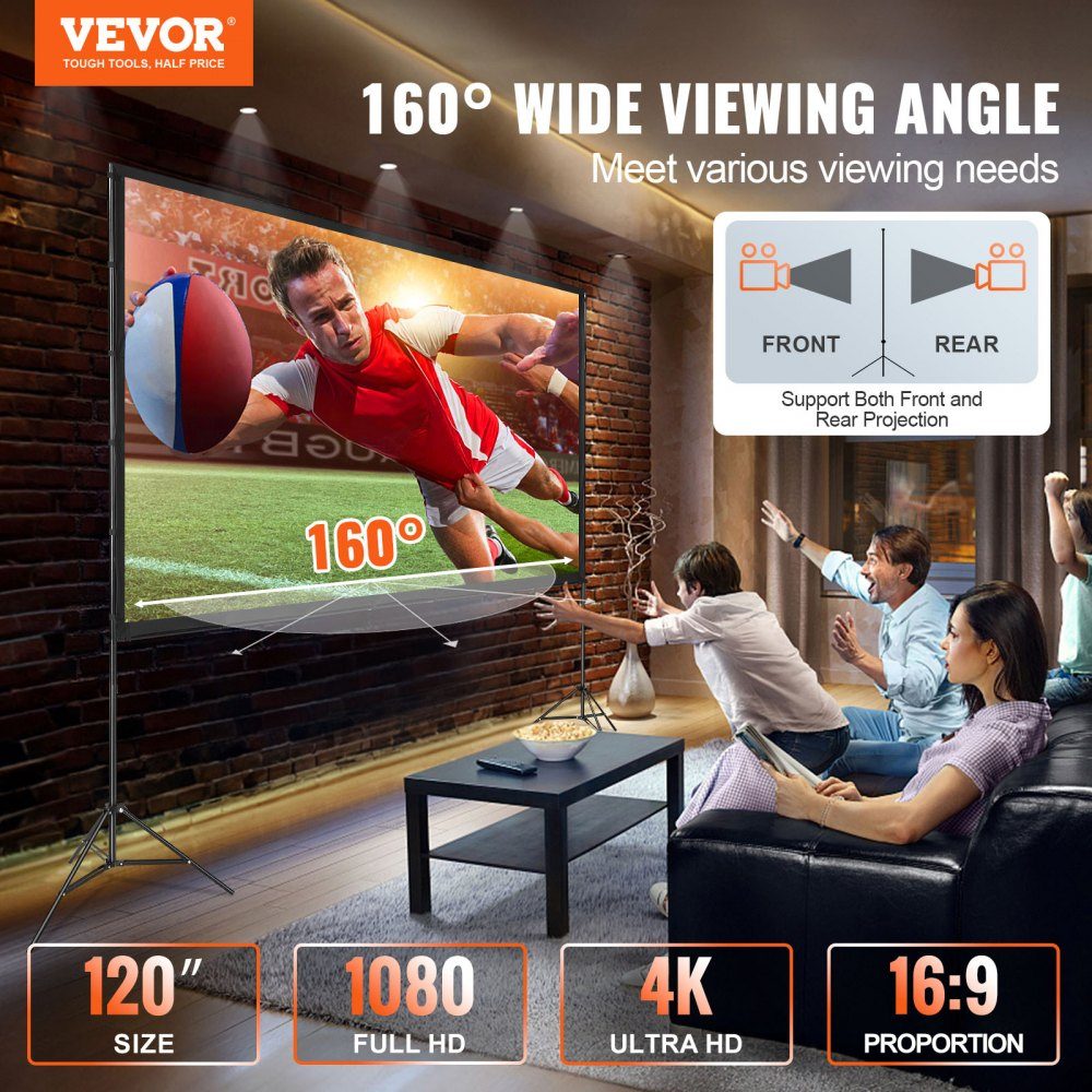 Projection Projector Screen with Stand, 120" HD 4K Outdoor Indoor Projector Screen, Quick Fold Portable Movie Screen 16:9 for Home Theater, Camping and Casual Events, Black