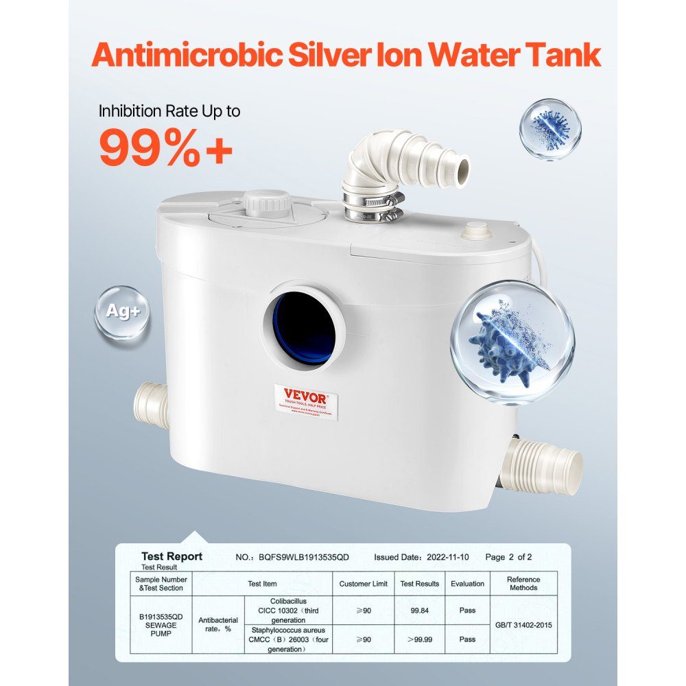 Système de relevage, 900 W, débit 180 L/min, hauteur de refoulement 12 m, système de relevage des eaux usées avec 4 arrivées d'eau, pompe eaux usées pour WC, cave, douche, lavabo, buanderie, baignoire