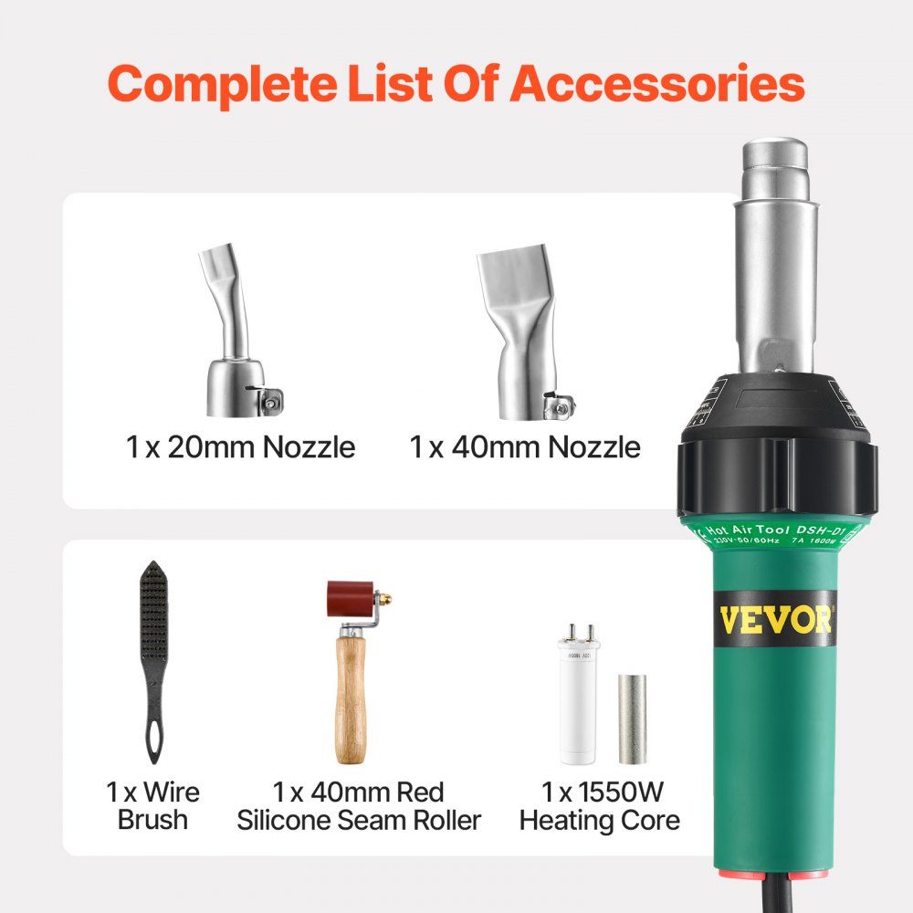 Hot Air Plastic Welder, 1600W Hot Air Gun, 50-600°C PVC TPO Vinyl Welding Torch, 5pcs Hot Air Welder Set and 2 Flat Nozzles, 1 Seam Roller, Brush for PP/PE/PVC Sheets