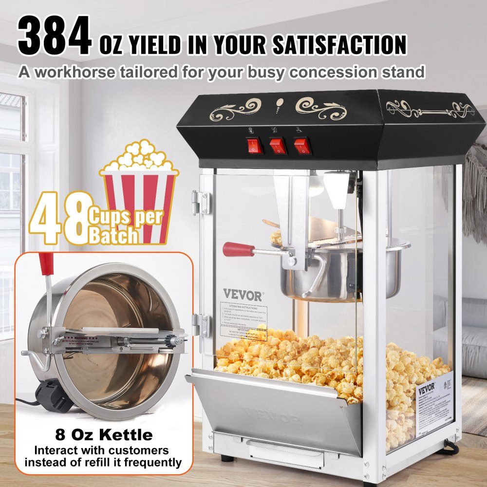 Popcorn Maker Popcorn Maker Popcorn Maker, 850W Popcorn Maker, 8oz Kettle for 48 Cups per Load, Tabletop Popcorn Maker with Tempered Glass, Includes 4 Scoops