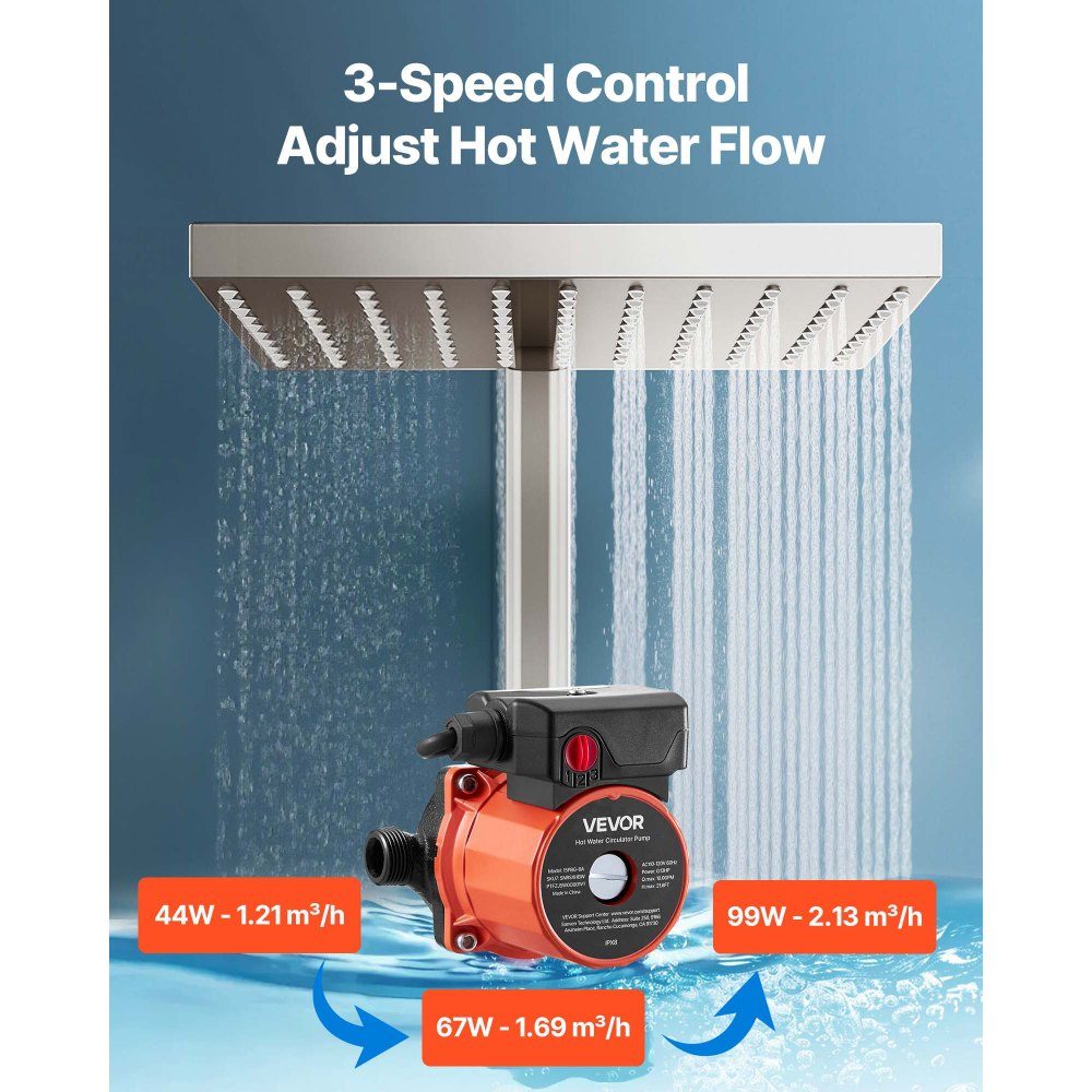 Pompe de circulation 38LPM Système de pompe de circulation à circulation instantanée Contrôle à 3 vitesses 100W Adaptateur AC 220-240V G3/4" à G1/2" Tête en fonte pour système de chauffe-eau