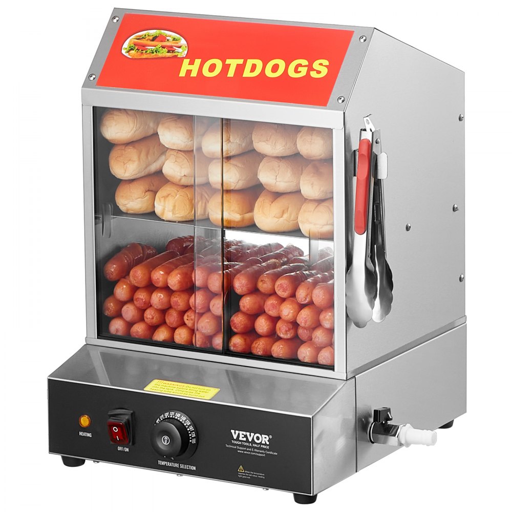 Hot Dog Steamer, 27L 2 Tier Hot Dog Hut Steamer, 30℃~85℃ Temperature Control, Electric Bun Warmer with Tempered Glass Sliding Doors, Separator Plate Tongs, Stainless Steel, for Hot Dogs & Buns