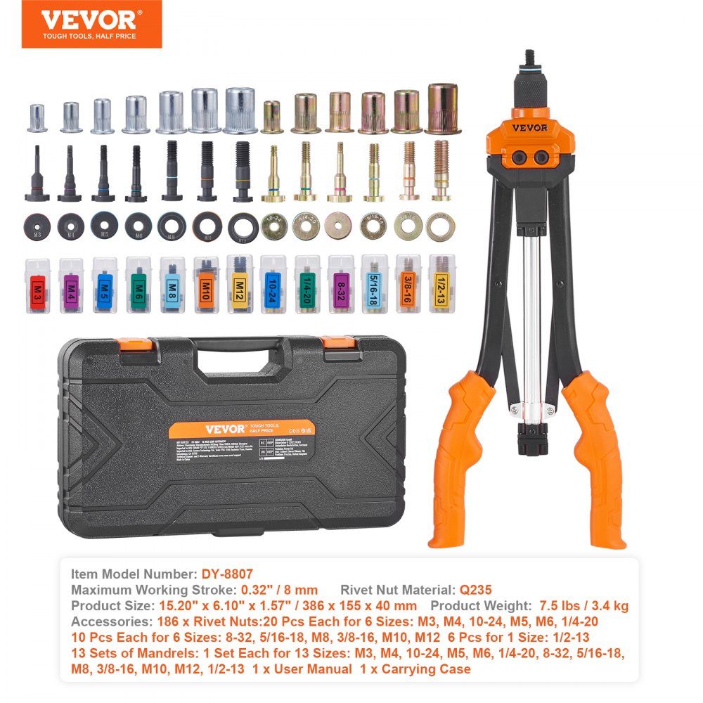 Rivet nut pliers set blind rivet nut pliers 410 mm, rivet pliers 13 sets of nuts and mandrels, rivet nut tool M3 M4 M5 M6 M8 M10 M12 professional hand rivet pliers, riveting machine threaded nut rivets