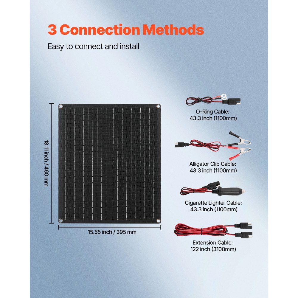 30 W 12V Solar Panel Charger, Monocrystalline Solar Panel Kit with Built-in Smart Controller and 3 Connection Cables, Portable for RV, Car, Motorcycle, Boat, Van, Motorhome