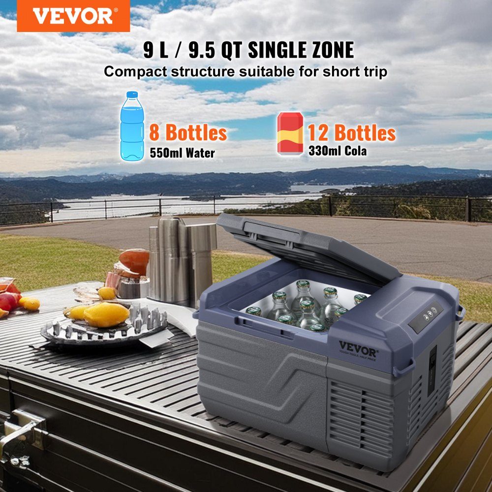 Car Refrigerator, 12V Car Fridge, Portable 9L Single Zone Freezer, Adjustable Range from -4℉ to 68℉, 12/24V DC und 100-240-V-AC- Compressor Cooler for Outdoor, Camping, RV