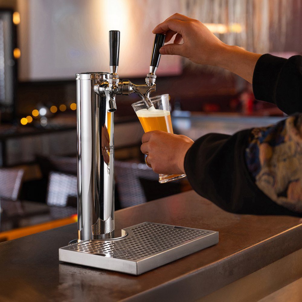 Kit de tour Kegerator, kit de conversion de bière avec 2 robinets, distributeur de tour de bière en acier inoxydable avec régulateur W21.8 à double jauge et coupleur de fût système S, plateau d'égouttage de bière pour fête à la maison