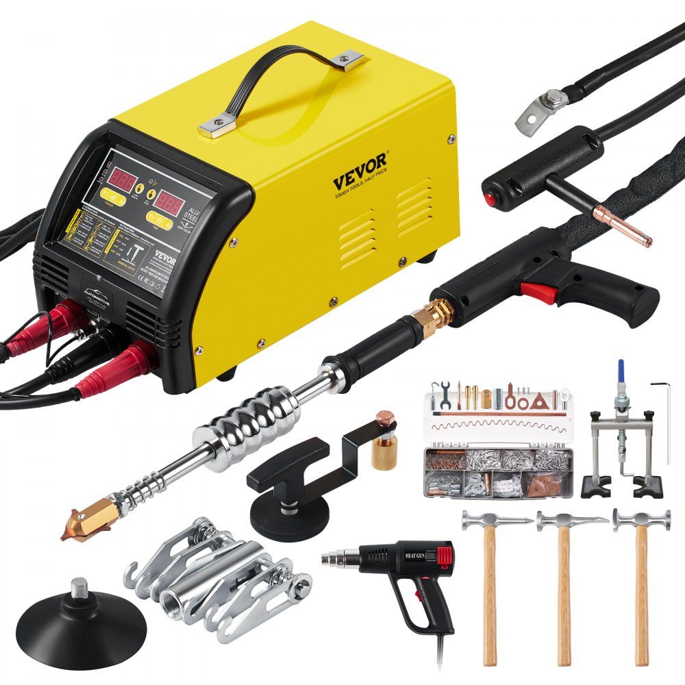 Dual Dent Spotter Deluxe AL/Fe deukreparatieset, 5 kW lasapparaat met automatisch/handmatig lassen en 10 modi, puntlasapparaat voor reparatie van auto-onderdelen van staal en aluminium
