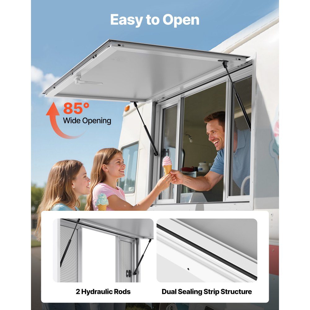 Snack window (installation dimensions 1346 x 838 mm) swiveling, snack trailer serving window with 85° opening angle & 4 sliding windows, snack window for snack stand snack carts
