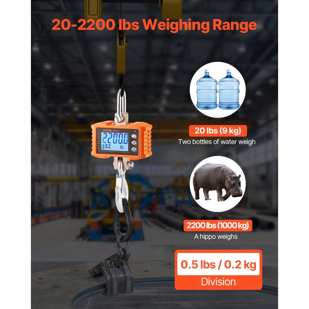 Industrielle Hängewaage, 1000 kg, robuste digitale Kranwaage mit Fernbedienung, Lastwaage, Gehäuse aus Aluminiumguss, hochpräzises LCD-Display für Bau, Fabrik, Bauernhof, Jagd, Orange