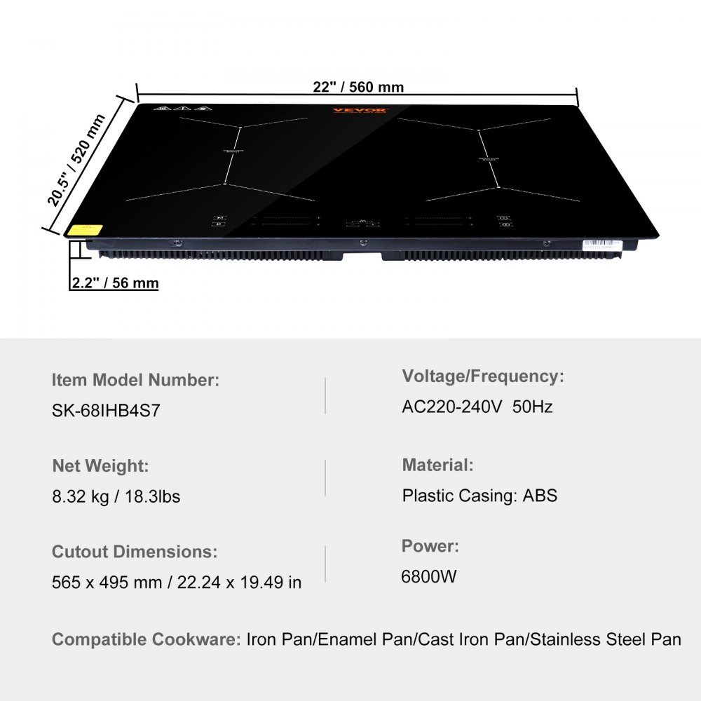 Induction hob induction hob 6800 W, 4 plates induction hob touchscreen 9 heating levels, integrated induction hob, automatic switch-off and child lock