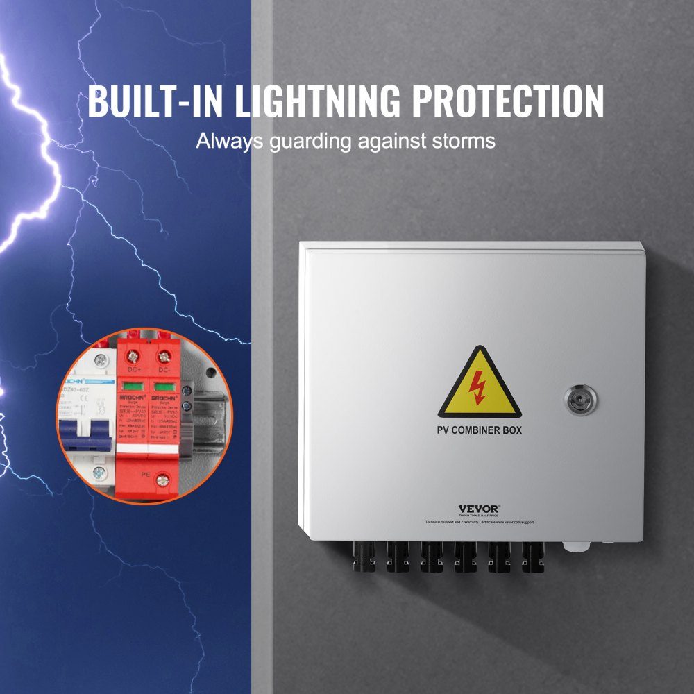 PV-opvangbox, 6 strings, zonne-opvangbox met 15-A-Nennstromsicherung, 125A stroomonderbreker, bliksemafleider en zonneconnector, stalen behuizing voor on/off grid zonnepaneelsysteem, IP65