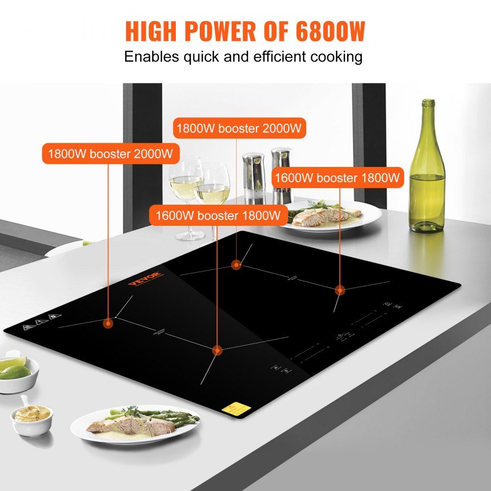 Induction hob induction hob 6800 W, 4 plates induction hob touchscreen 9 heating levels, integrated induction hob, automatic switch-off and child lock