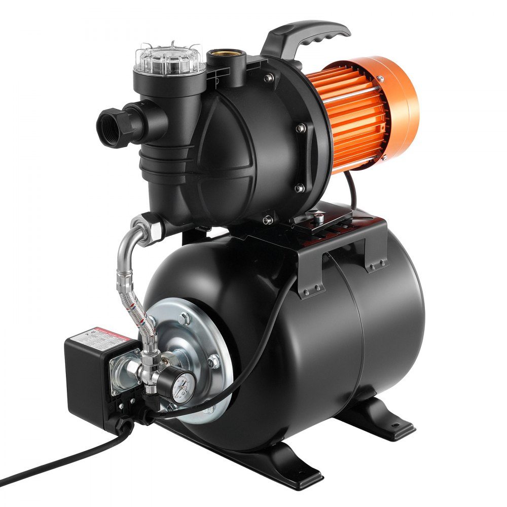 Hauswasserwerk 735 W, 3785 L/h Strahlpumpe mit 19 L Druckbehälter, 39 m Förderhöhe, inklusive Filter, Rückschlagventil & Kunststoff-Pumpenkopf, zur automatischen Gartenbewässerung & Hauswasserversorgung