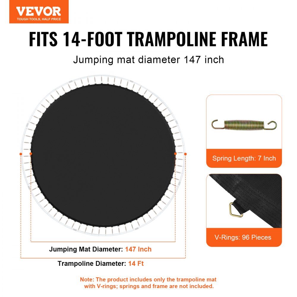Replacement Trampoline Mat, Jumping Mat Fits 16" Frame, Universal Jumping Mat for Round Trampoline, UV Resistant Mat with 96 Durable V Rings, Fits 7" Spring Length